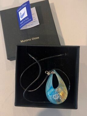 Murano Blue & Gold Swirl Teardrop Pendant Necklace